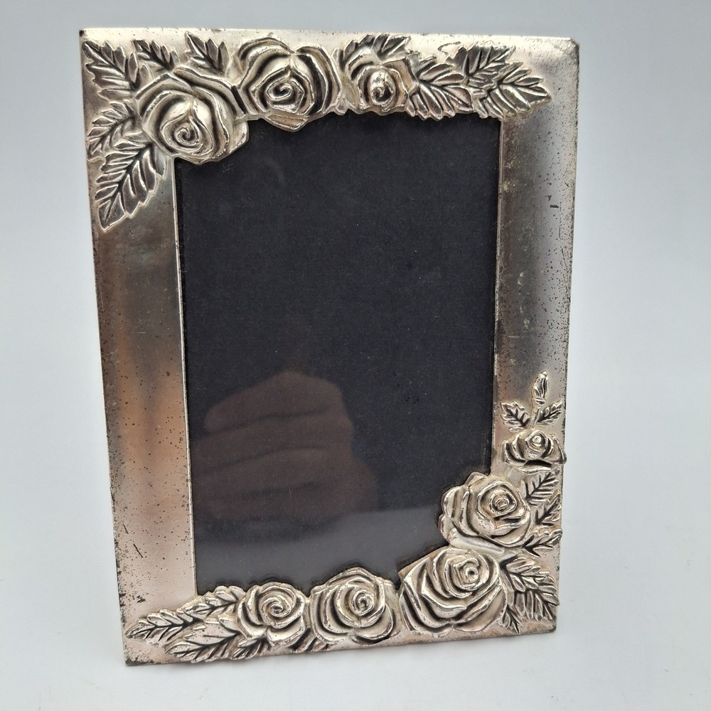 Vintage Silver Tone Metal Rose Picture Frame Ornate Floral 3.5x5‎ Tabletop Easel